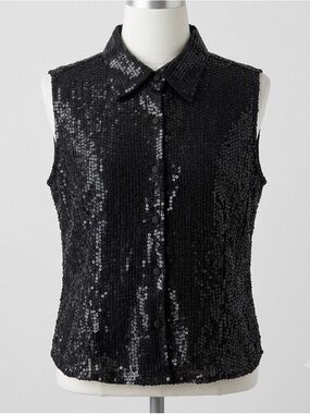 Vintage Spenser Jeremy 100% Silk Black Sequin Button Front Vest Top Size 10